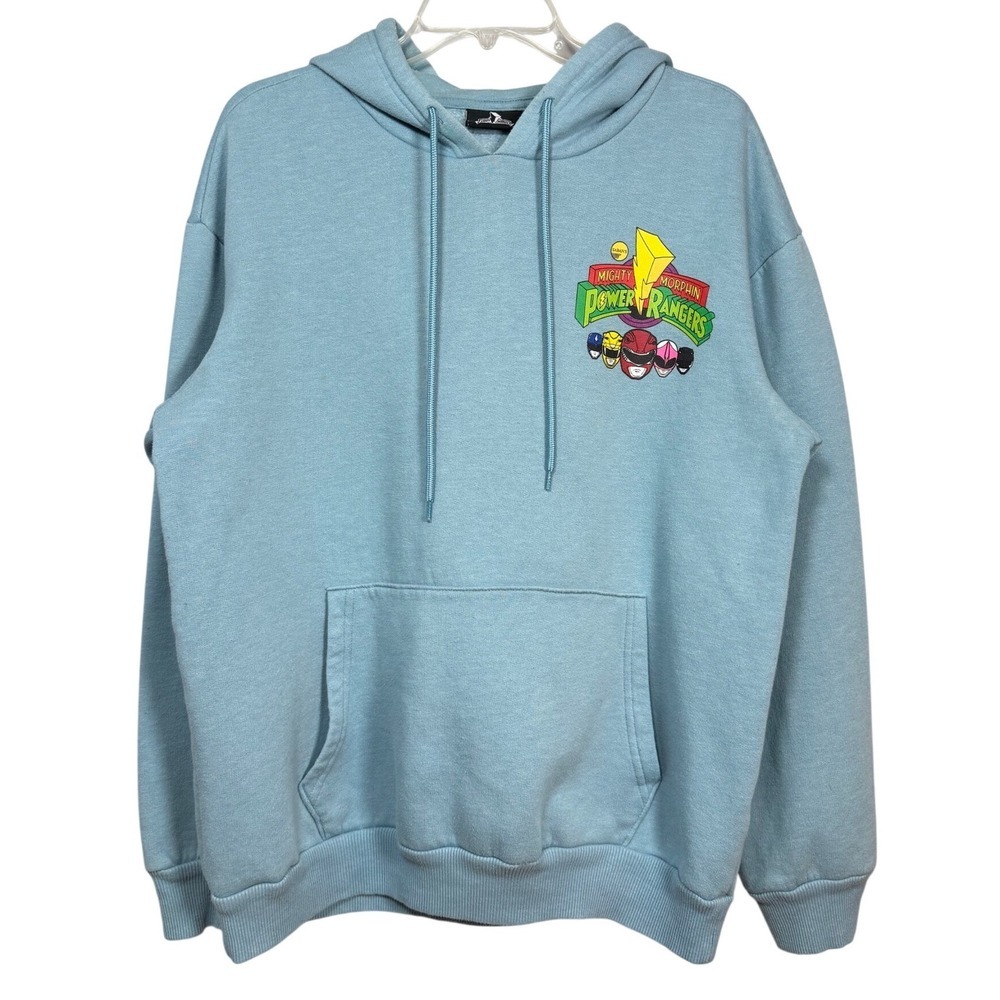 Mighty Morphin Power Rangers Hoodie Mens Large Light Blue Graphic Back Print L